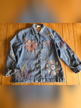 Alfred Dunner Blue Denim Jacket with Multicolor Floral Embroidery